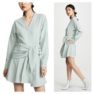 Tibi Chalky Drape Faux-Wrap Designer Mini Dress Ash Green 6 Long Sleeve Pockets